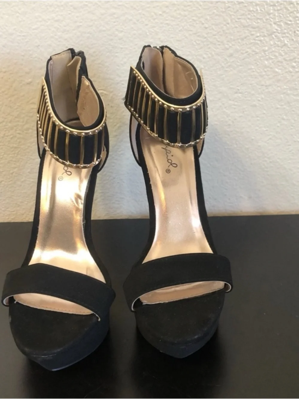 Women's Black Platform High Heel Sandals with Gold Accent Ankle Strap